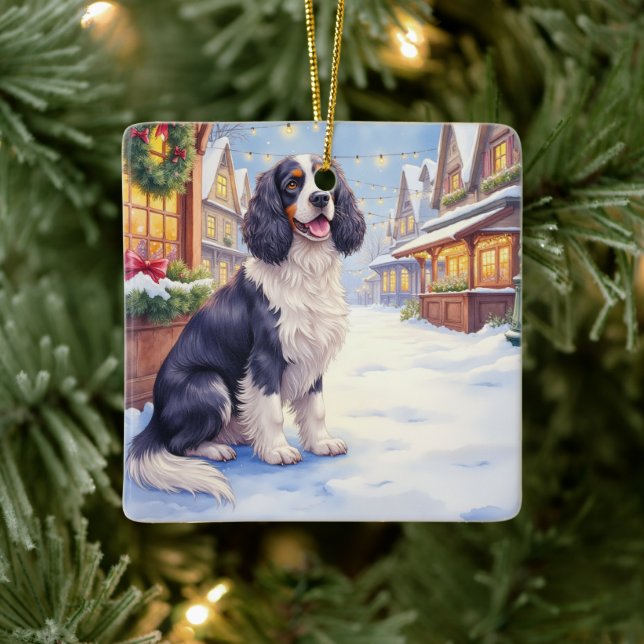Cocker Spaniel Snowy Village Christmas Art Keramikornament (Baum)