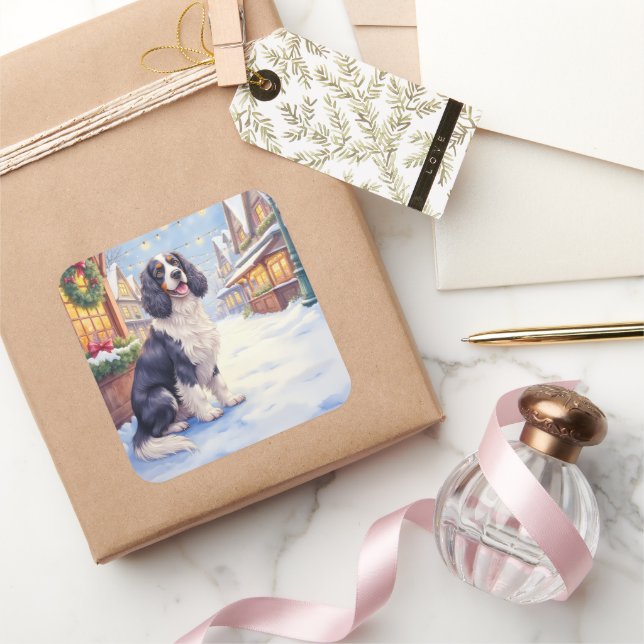 Cocker Spaniel Snowy Village Christmas Art Quadratischer Aufkleber (Schenken)