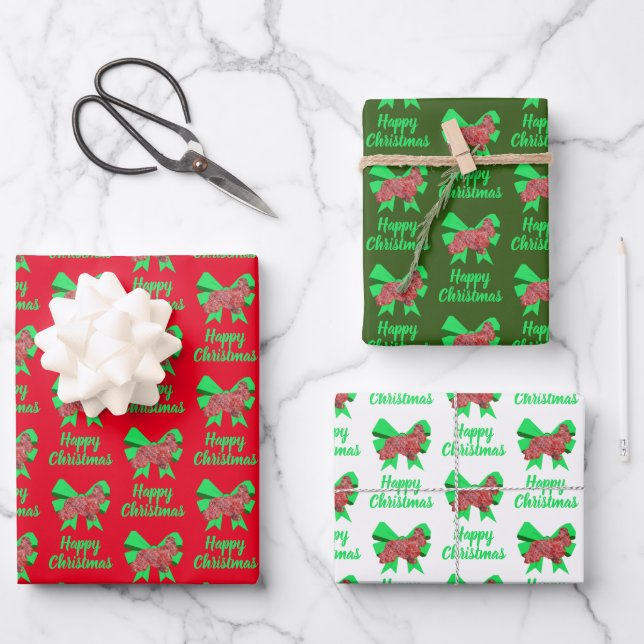 Cocker Spaniel Weihnachtshund & Grüner Bow 3 Farbe Geschenkpapier Set (Vorderseite)