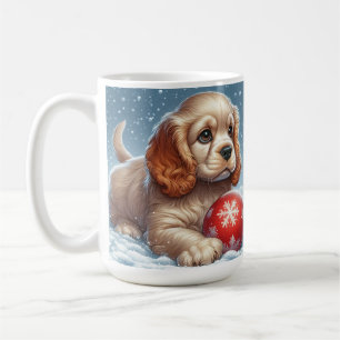 Cocker Spaniel Welpe auf Schnee mit einer Kugel Kaffeetasse
