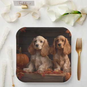 Cocker Spaniel Welpe Herbstfreude Kürbis Pappteller