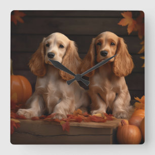 Cocker Spaniel Welpe Herbstfreude Kürbis  Quadratische Wanduhr