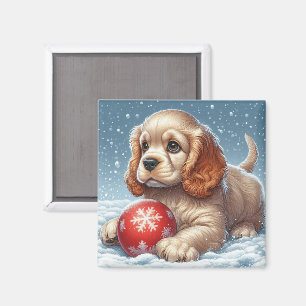 Cocker Spaniel-Welpe ruht auf Schnee mit einem Bal Magnet