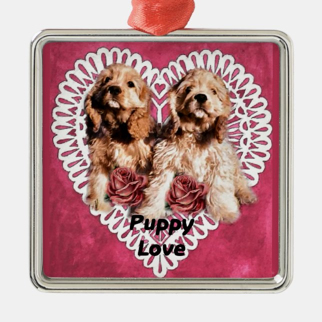Cocker Spaniel Welppies Valentines Silbernes Ornament (Vorne)