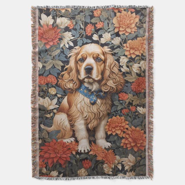 Cocker Spaniel William Morris Inspirierte Floral Decke (Vorderseite Vertikal)