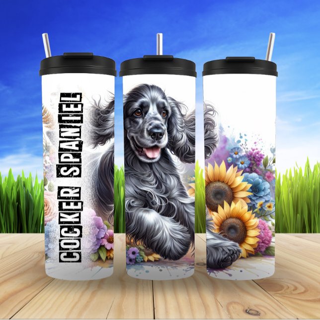 Cocker Spaniels sonnige Blütenfülle Thermosbecher (Von Creator hochgeladen)