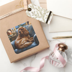 Cocker Spanier mit Weihnachts-Lichterfest Quadratischer Aufkleber