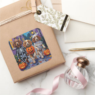 Cocker Spanierhunde Trick-or-Treating zu Halloween Quadratischer Aufkleber