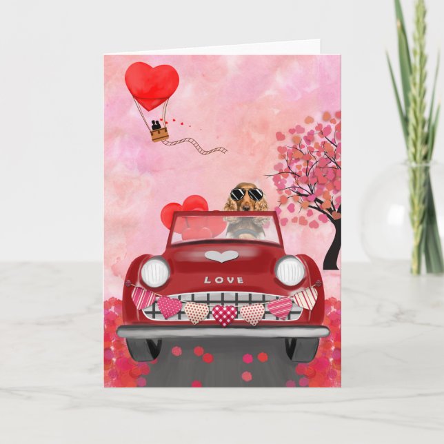 Cocker Spanierwagen mit Herz Valentins Karte (Vorderseite)