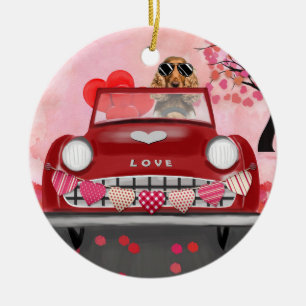 Cocker Spanierwagen mit Herz Valentins Keramik Ornament