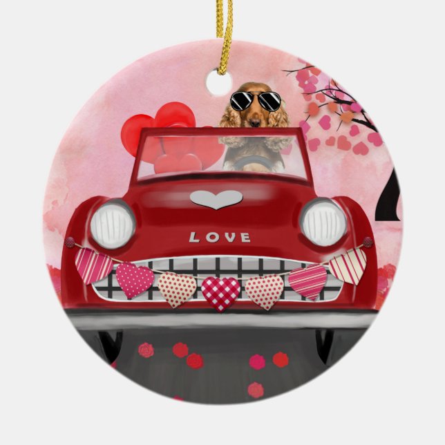 Cocker Spanierwagen mit Herz Valentins Keramik Ornament (Vorne)