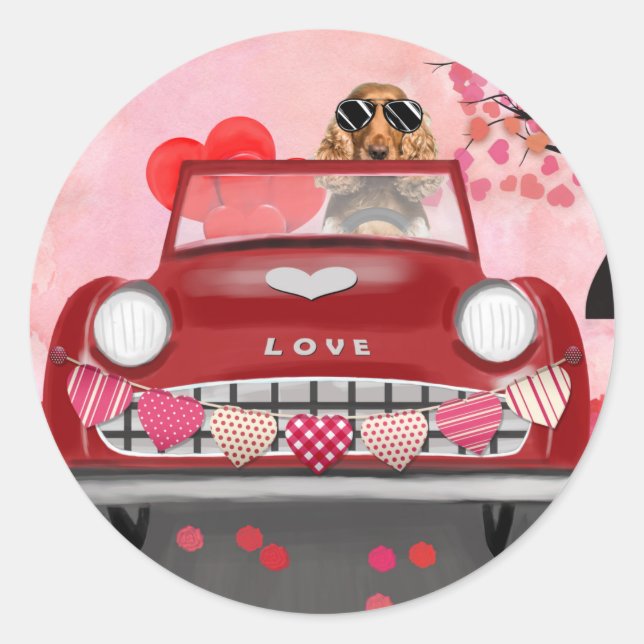 Cocker Spanierwagen mit Herz Valentins Runder Aufkleber (Vorderseite)