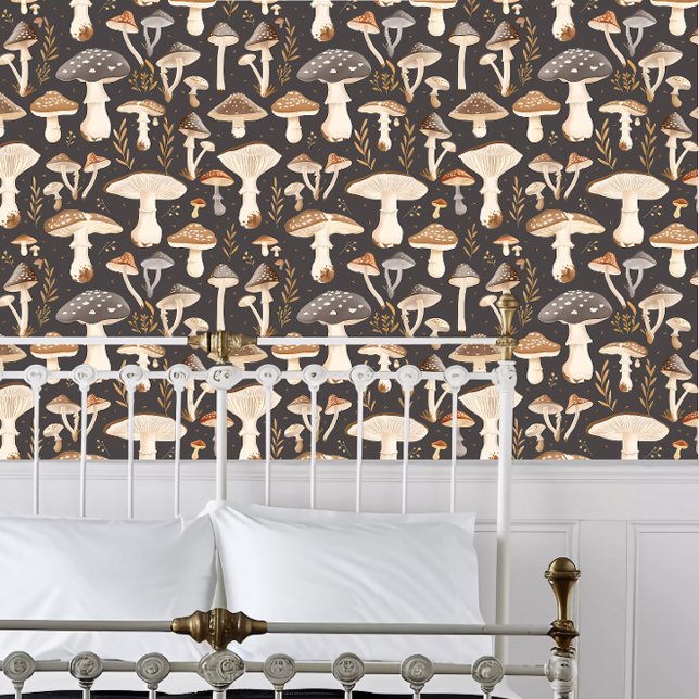 Cockpitkern Dunkles Mushroom Tapete (Cottagecore Dark Mushroom Wallpaper behind a white metal framed bed.)