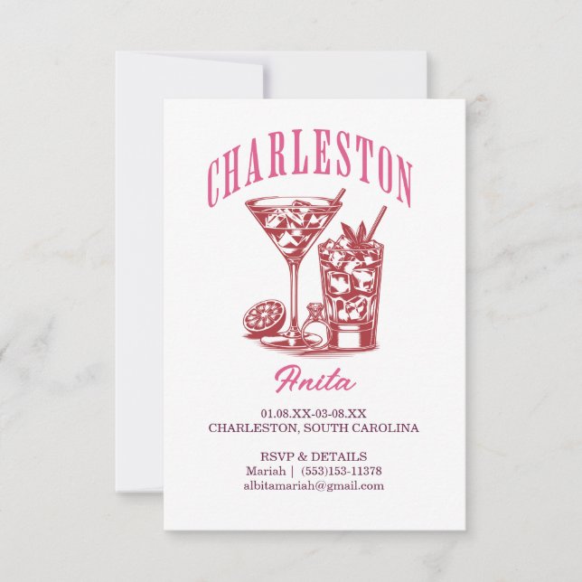 Cocktail am Wochenende in Charleston, rosa Einladung (Vorderseite)