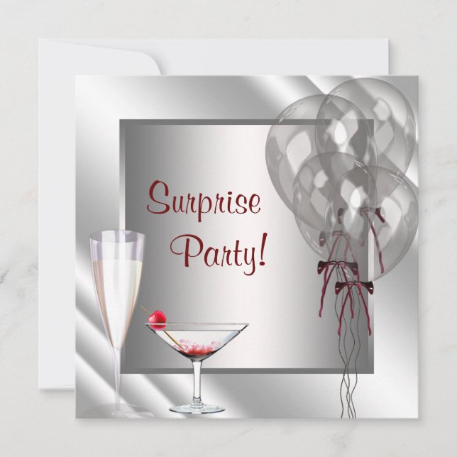 Cocktail Balloons Rote Überraschung Geburtstagspar Einladung (Vorderseite)