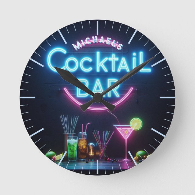 Cocktail Bar Clock Neon Personalisiert Mancave Den Runde Wanduhr (Vorderseite)