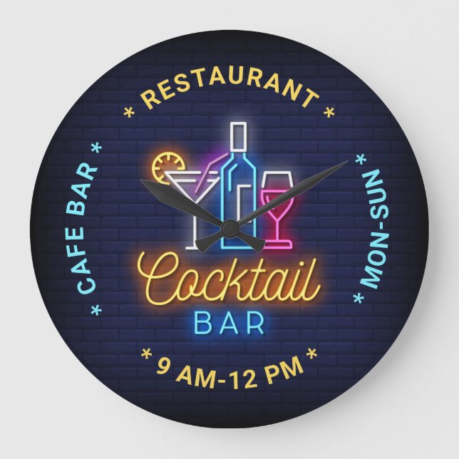 Cocktail Bar Neon Look Illustration, Custom Text L Große Wanduhr (Vorderseite)