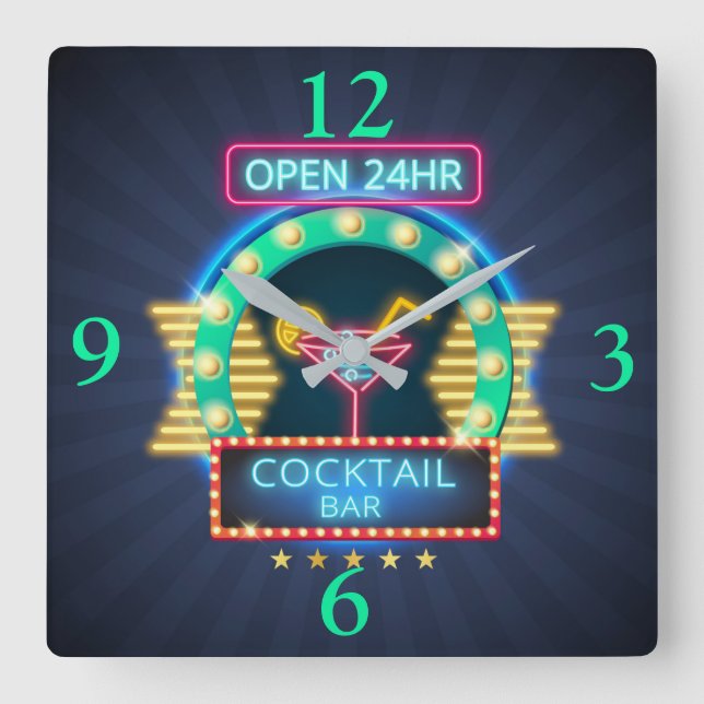 Cocktail Bar Neonsign Square Wall Clock Quadratische Wanduhr (Vorderseite)