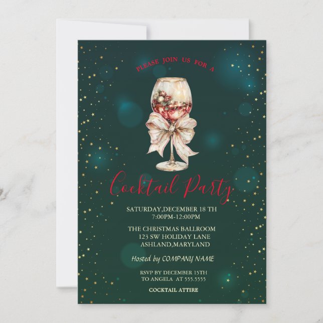  Cocktail Bow Stars Green Christmas Party  Einladung (Vorderseite)