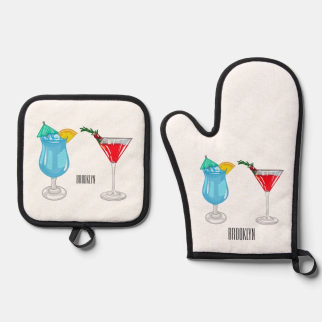 Cocktail-Cartoon Ofenhandschuh & Topflappen-Set (Vorderseite)