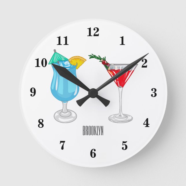 Cocktail-Cartoon Runde Wanduhr (Vorderseite)
