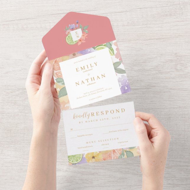 Cocktail & Citrus Frucht Hochzeit Wasserfarbe Flor All In One Einladung (Abreißen)