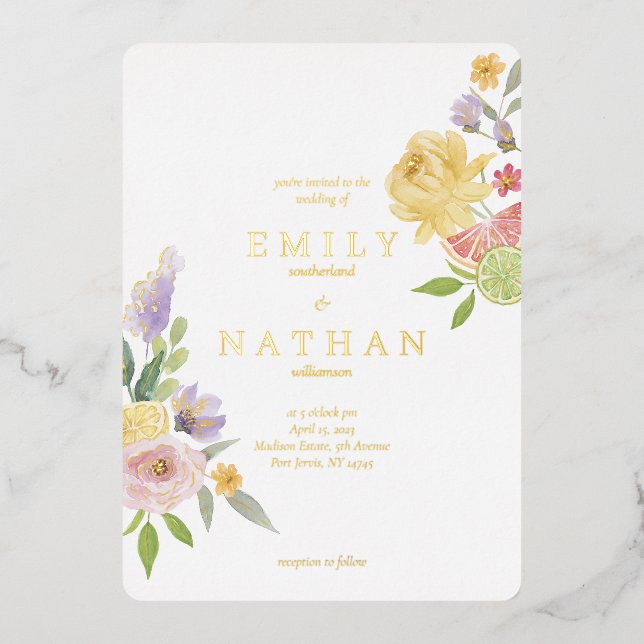 Cocktail Citrus Hochzeit Wasserfarbenparadies Folieneinladung (Vorderseite)