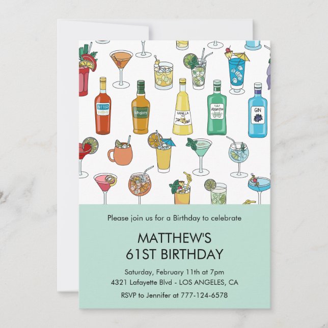 Cocktail Colorful Drinks Champgne 61. Geburtstag Einladung (Vorderseite)