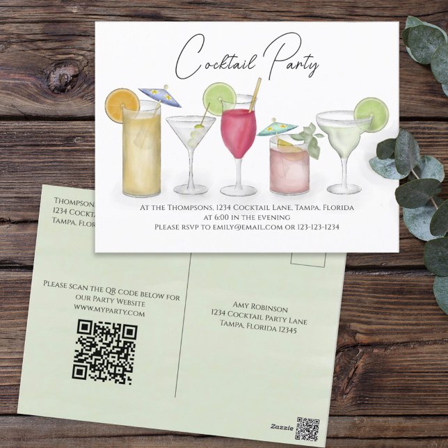 Cocktail Drink QR Code Party Website voradressiert Postkarte (Von Creator hochgeladen)