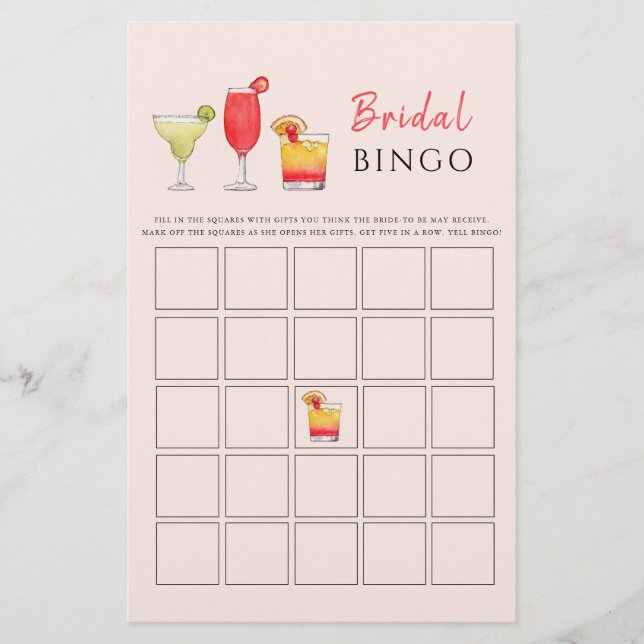 Cocktail Drinks Brautparty BINGO Spiel (Vorderseite)