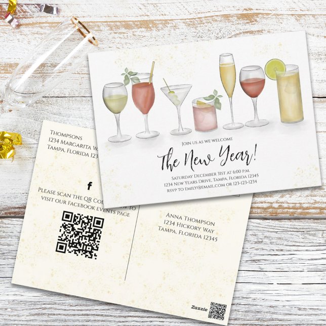 Cocktail Drinks QR-Code im Neujahr voradressiert Postkarte (Von Creator hochgeladen)