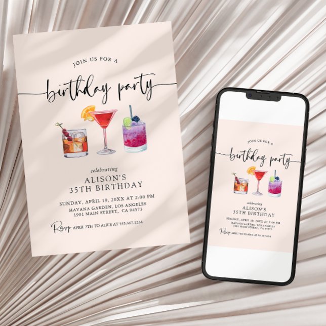 Cocktail Geburtstagsparty Calligrafy Einladung (Von Creator hochgeladen)