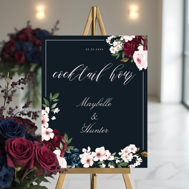 Cocktail Hour Watercolor Burgund Navy Floral Poster (Cocktail Hour Watercolor Burgundy Navy Floral Poster)