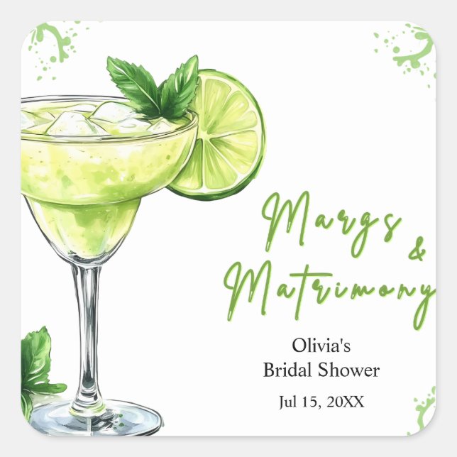 Cocktail Margs and Matrimony Bridal Shower Quadratischer Aufkleber (Vorderseite)