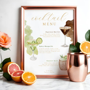 Cocktail-Menü Aquarell Hochzeitsbar Getränkekarte Poster