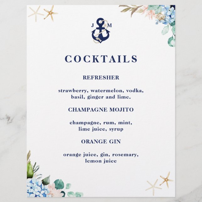 Cocktail-Menü für Hochzeitscocktails in der Marine (Vorderseite)