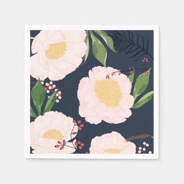 Cocktail Paper Napkin White Floral Blume auf Dunke Serviette (Vorderseite)