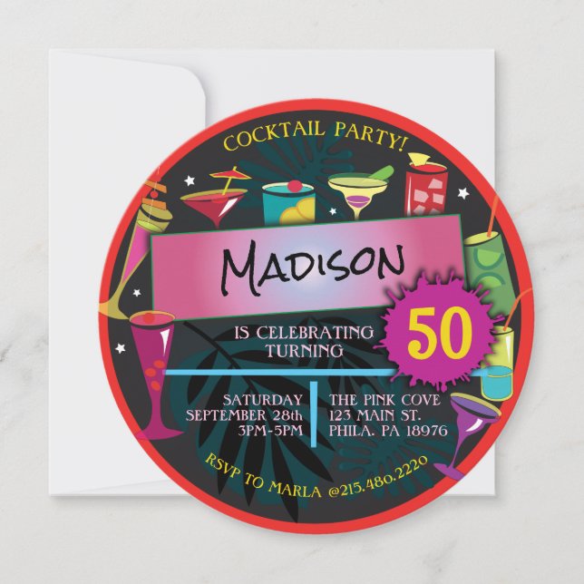 Cocktail Party Extravagant Drinks Wein 50. Geburts Einladung (Vorderseite)
