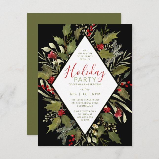 Cocktail Party Holiday Vintag Holly Einladung (Vorne/Hinten)