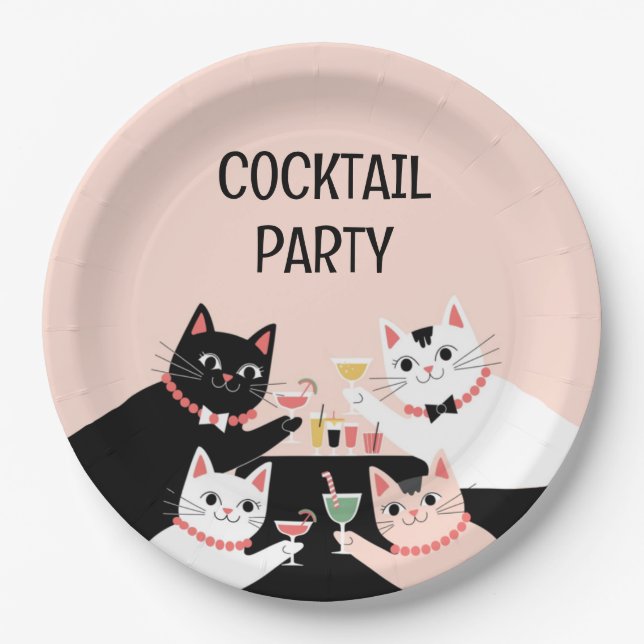 Cocktail Party Retrokatzen Papierplatte Pappteller (Vorderseite)