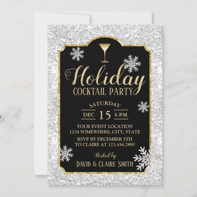 Cocktail Party Snowflakes Modernes Silber Einladung (Vorderseite)