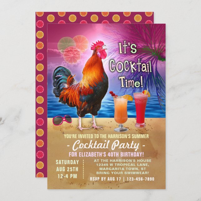 Cocktail Party Tropischer Rooster Funny Birthday Einladung (Vorne/Hinten)