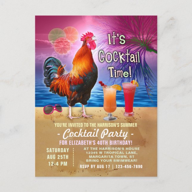Cocktail Party Tropischer Rooster Funny Birthday Einladungspostkarte (Vorderseite)