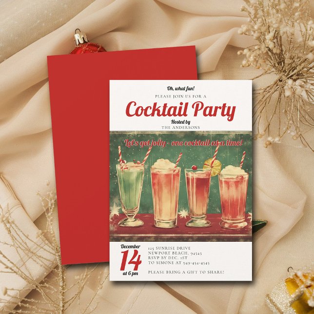 Cocktail Party Vintag Red Retro Weihnachts-Party Einladung (vintage christmas party cocktails invitation retro fun funny watercolor brunch family office)