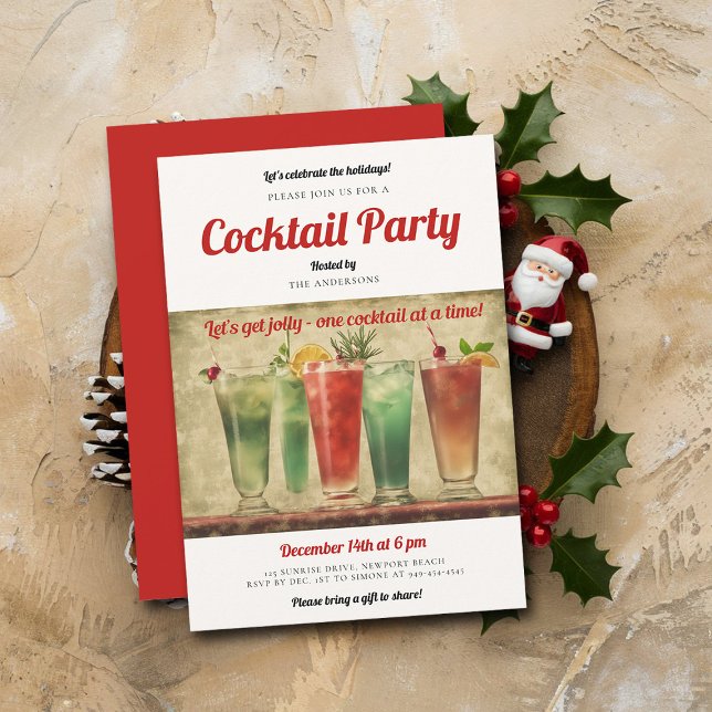 Cocktail Party Vintag Rotes Grün Weihnachtsfest Pa Einladung (vintage christmas party cocktails invitation retro fun watercolor brunch family office)