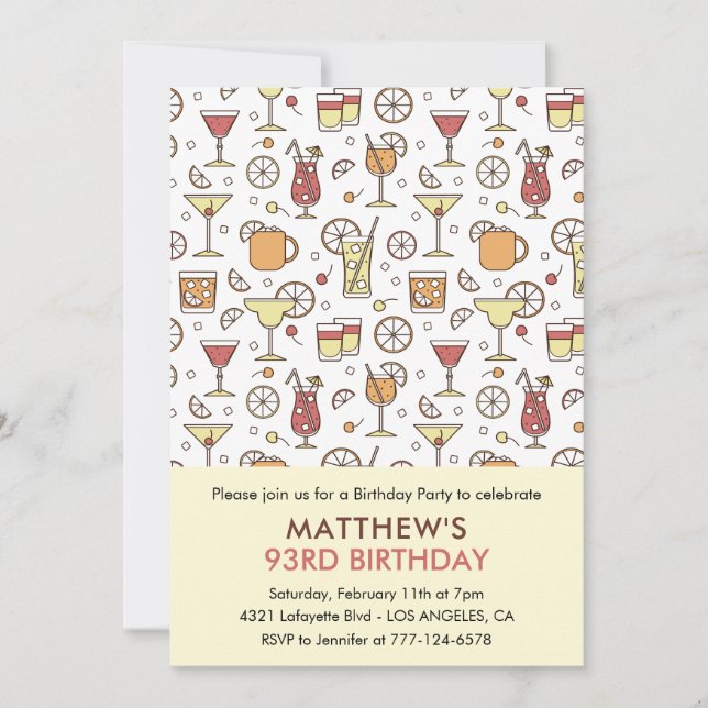 Cocktail Pattern Retro Champagner 93. Geburtstag Einladung (Vorderseite)