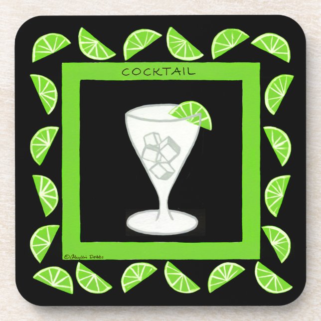 Cocktail Retro Drink Art Green Limes auf schwarz Getränkeuntersetzer (Vorderseite)