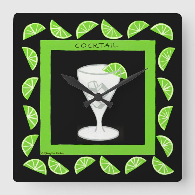 Cocktail Retro Drink Green Limes auf schwarz Quadratische Wanduhr (Vorderseite)