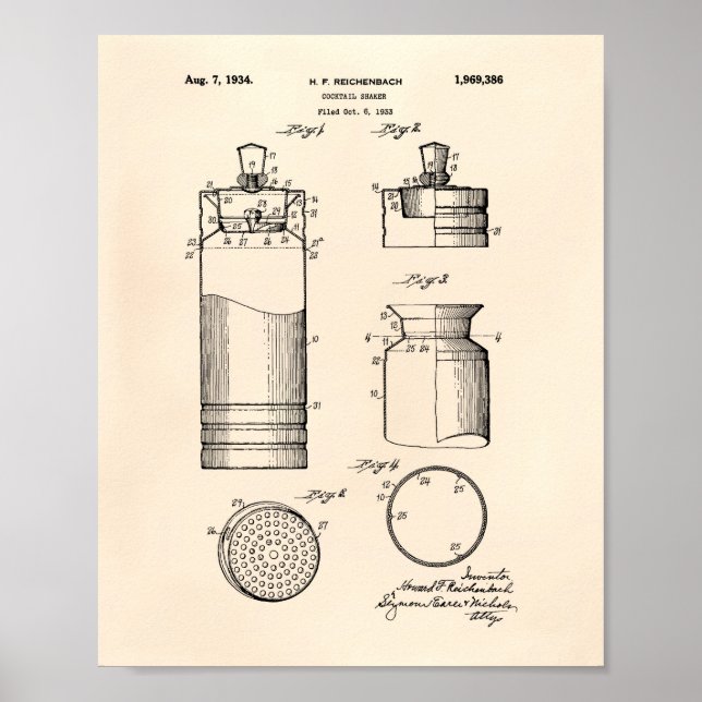 Cocktail Shaker 1934 Patent Art Old Peper Poster (Vorne)