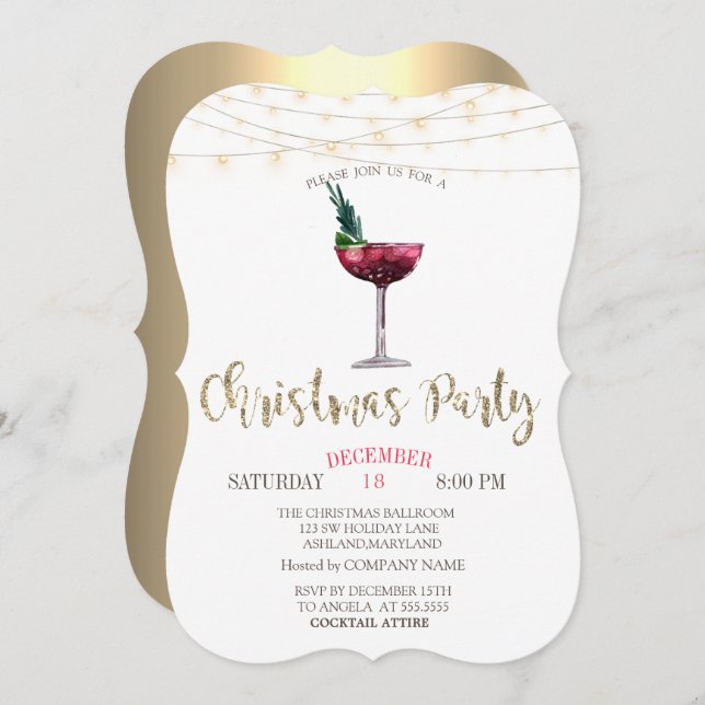 Cocktail, String Lights Gold Weihnachtsgesellschaf Einladung (Vorne/Hinten)